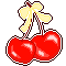 A pixel sticker of a cherry tied by a ribbon