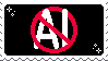 An anti-AI black stamp with text that reads, 'AI' and is also crossed out in red