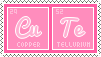 A pink stamp in the format of the Periodic Table of Elements, displaying two elements and their symbols: Copper and Tellurium. Together their symbols create 'CuTe' which reads 'cute'