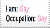 A white stamp with text that reads, 'I am: Gay' and 'Occupation: Gay'. The words 'gay' are pink