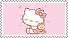 A pink stamp of Hello Kitty sitting with an unknown friend, possibly taking a nap