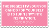 A pink stamp with white text that reads in capital letters, 'The biggest favour you can do for yourself is to turn envy into inspiration