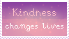 A stamp with a pink and purple gradient, and text that reads, 'Kindness changes lives'