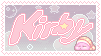 A pixel stamp with a grey background with bubbles and stars; the Kirby log, and a sprite of Kirby sleeping