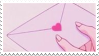 A pink stamp with a pair of hands holding an envelope held closed by a pink heart sticker