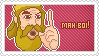 A stamp with a red background and a pixel art of the King of Hyrule from the Zelda CD-i games. The text reads 'MAH BOI!' which is a corruption of 'My boy!'