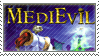 A stamp of the cover of the PS1 MediEvil game with the yellow text that reads in all capital letters 'MediEvil', with Sir Daniel Fortesque seen at the bottom of the stamp