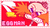 A pastel stamp of Doctor Robotnik from the Sonic the Hedgehog franchise with pink-bordered white text that reads in capital letters 'Eggman'