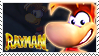 A stamp with an image of Rayman and the Rayman logo. In the background is a darkened image of how Rayman appears in Rayman 1.