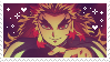 A stamp of Kyojuro Rengoku from Demon Slayer facing the camera. There are various pixel sparkles and hearts around him.