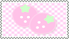 A pastel pink stamp with a checkered background and an image of two cartoon strawberries