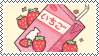 A stamp with a pastel yellow background with a carton of strawberry milk surrounded by strawberries