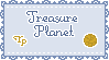 A pastel stamp with a lacy border based on Disney's Treasure Planet. The cursive text reads, 'Treasure Planet'. The bottom left corner has the initials 'TP' and the bottom right corner has an image of a planet